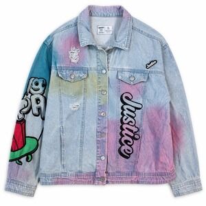 Justice Bazooka Ring Pop Denim Jacket XL Light Wash Distressed Tie Dye Cotton
